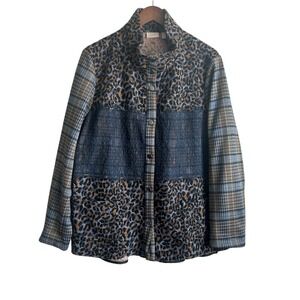 LOGO Lavish Women Shacket XL Patchwork Mixed Media Animal Print Snap‎ Jacket